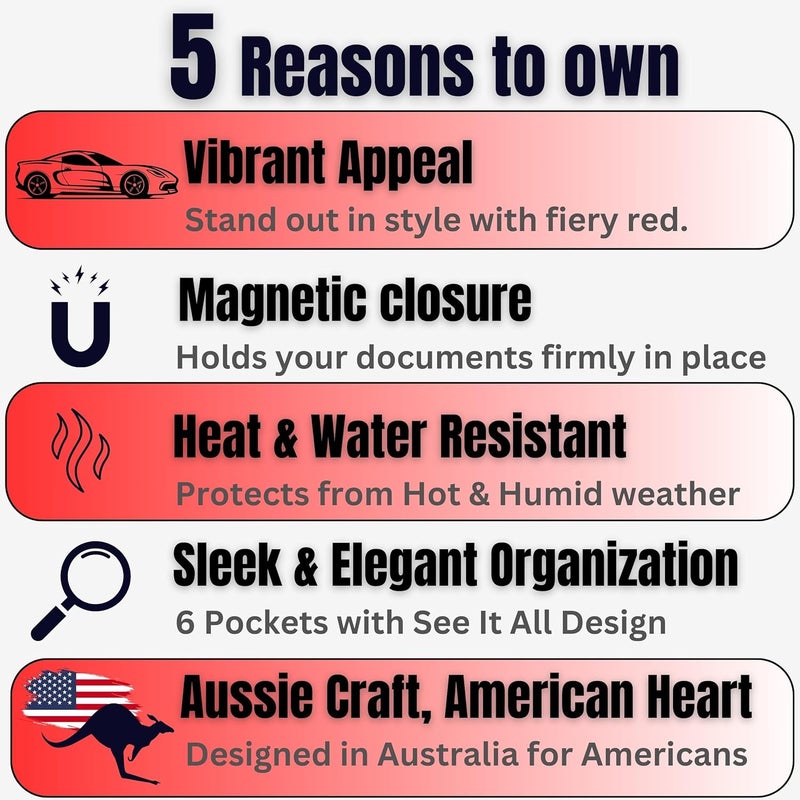 MOTO4X Red Magnetic Shut Premium PU Leather Insurance and Registration Holder, Glove Box Organizer for Car, Stylish Car Accessories, Organize Vehicle Documents with flair, Size 9.5 in x 5.1 in - Image 2